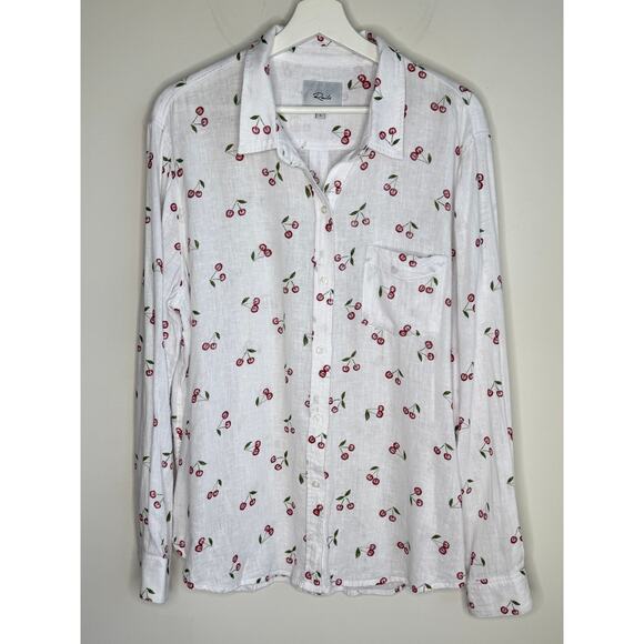 Rails Charli Linen Blend Cherry Print Long Sleeve Button-Up Shirt White Womens L - Picture 4 of 12